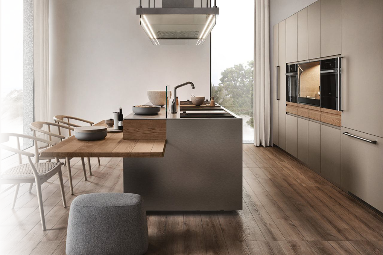 Sleek laminate flooring in kitchen at Mid America Flooring Solutions